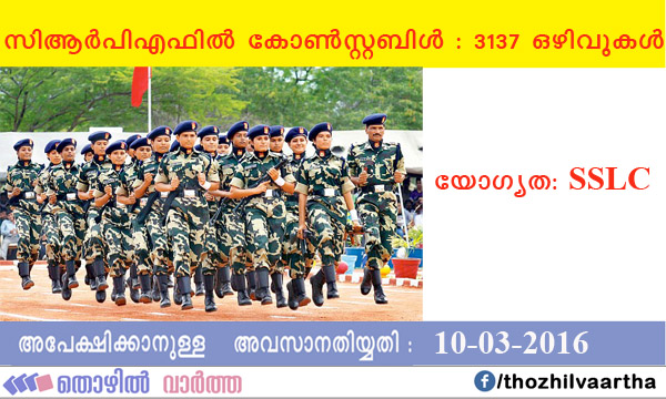 CRPF Recruitment 2016 – Apply Online for 3137 Constable  (Technical & Tradesmen)  Posts